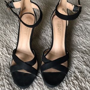 Black ankle strap open toe heels